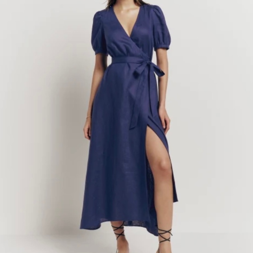 Reformation Weiss Linen Wrap Midi Dress Danube Blue Women's Size Small